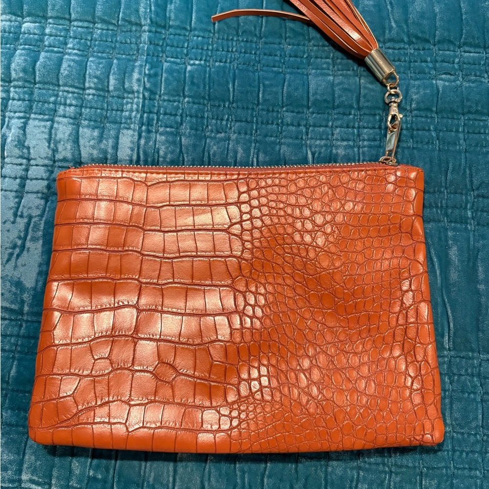 Camel Colored Croc-Embossed Clutch - Women Bags